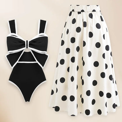 Vintage Charm 3D Bow-Tie Swimsuit and Skirt Bikini Set Black Swimsuit and Skirt