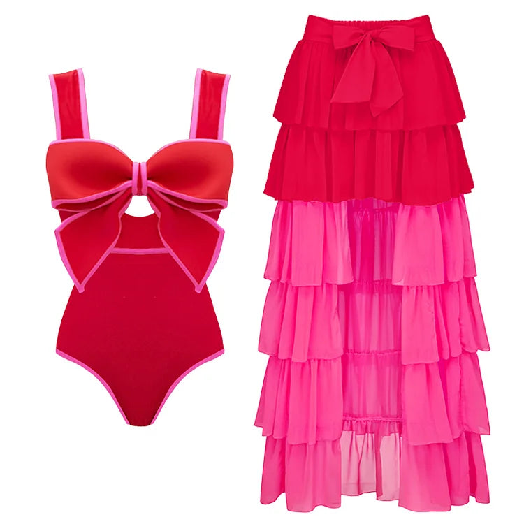 Vintage Charm 3D Bow-Tie Swimsuit and Skirt Bikini Set Red Swimsuit and Skirt