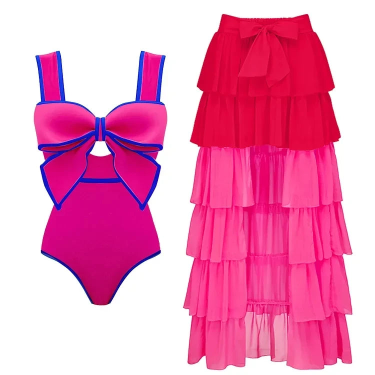 Vintage Charm 3D Bow-Tie Swimsuit and Skirt Bikini Set Pink Swimsuit and Skirt