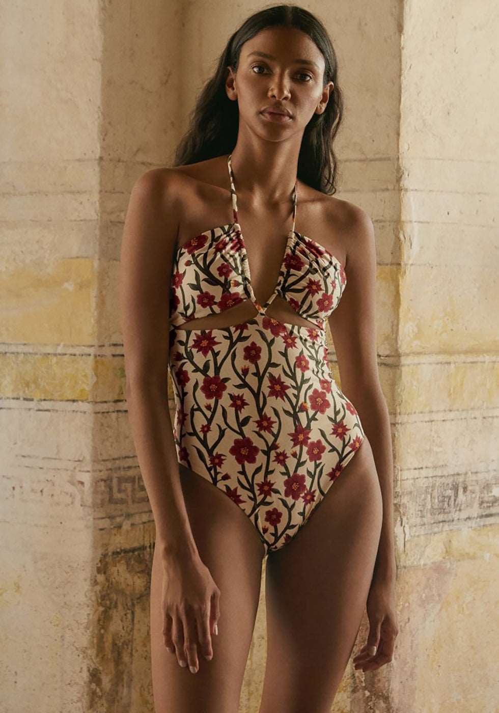Brazilian Blooms Floral Halter One-Piece Swimsuit Red