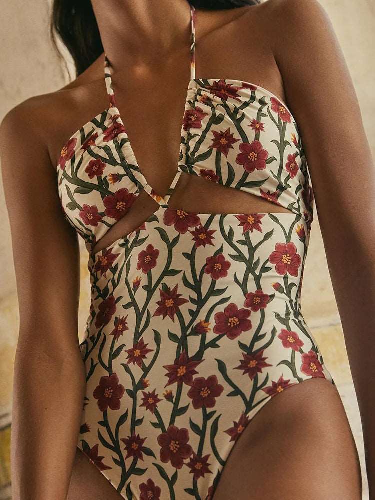 Brazilian Blooms Floral Halter One-Piece Swimsuit