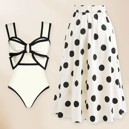 Vintage Charm 3D Bow-Tie Swimsuit and Skirt Bikini Set White Swimsuit and Skirt