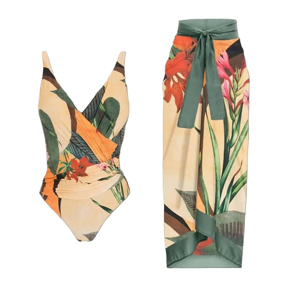 Vintage Vibes Printed Strap Backless Monokini Set with Long Dress Cover-Up