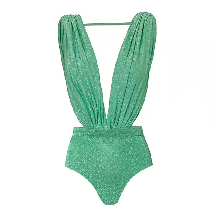 Glimmering Color Block Cutout One-Piece Swimsuit and Sarong Set Green One Piece