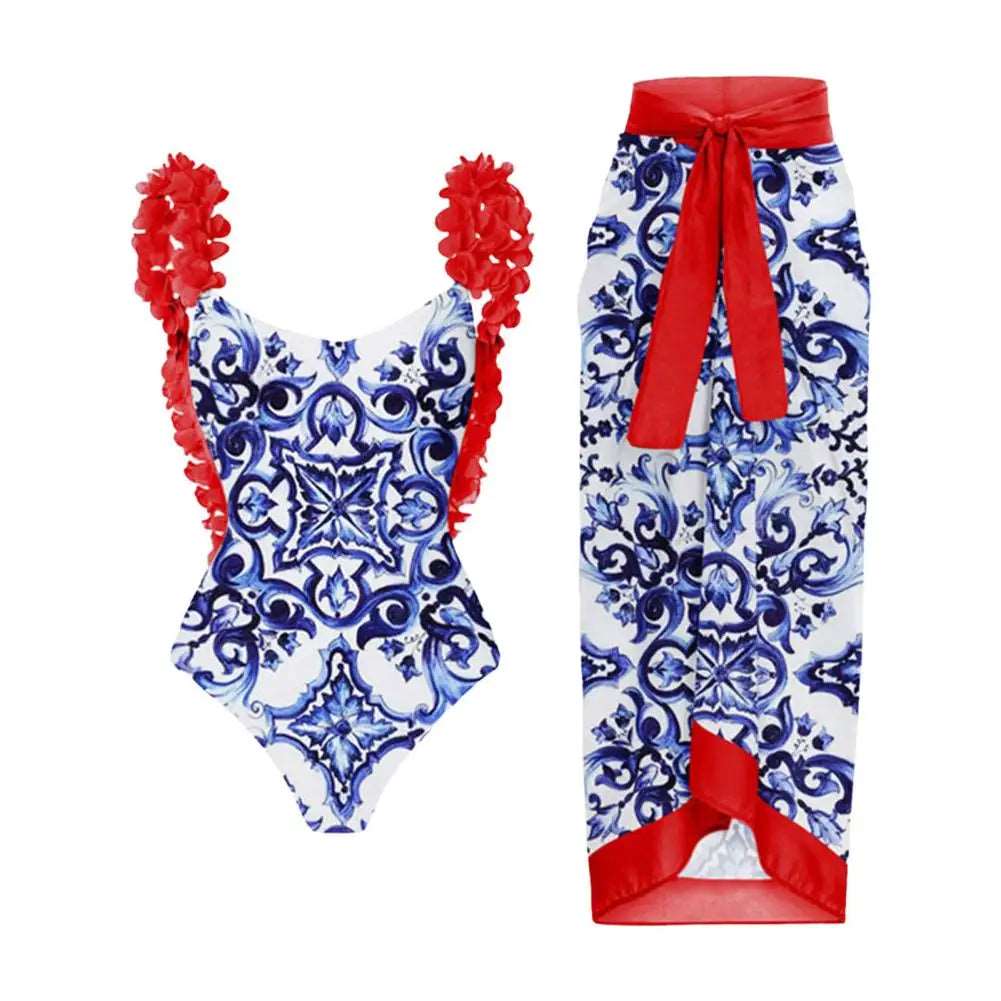 Vintage Vibes Printed Strap Backless Monokini Set with Long Dress Cover-Up Red