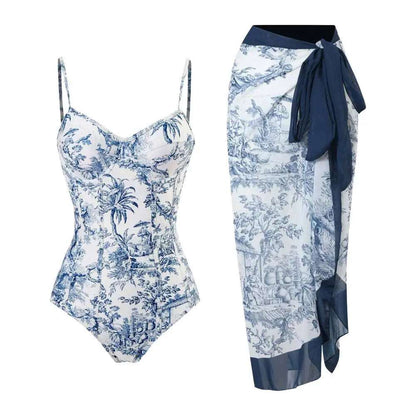 Vintage Vibes Printed Strap Backless Monokini Set with Long Dress Cover-Up Light Blue