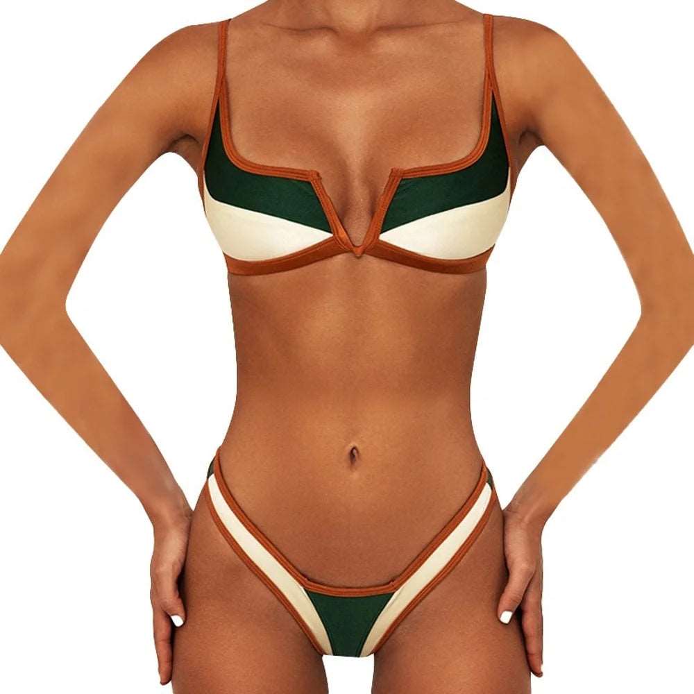 Color Contrast Suspender Bikini Set Green