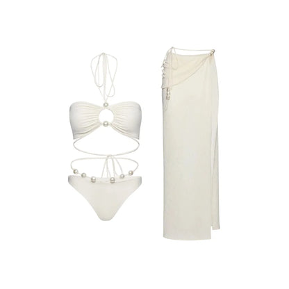 Luxury Solid Color Halter Triangle Bikini Set with Beach Dress