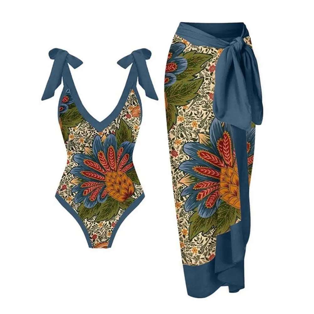 Vintage Vibes Printed Strap Backless Monokini Set with Long Dress Cover-Up Green
