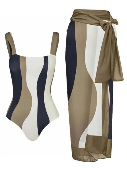 Chic Contrast One-Piece Bikini with High-Waisted Open Back Swimsuit Cover-Up Beige