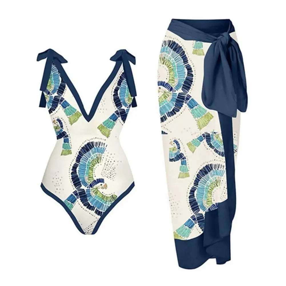 Vintage Vibes Printed Strap Backless Monokini Set with Long Dress Cover-Up Blue