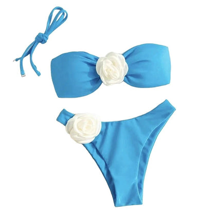 Blooming Blossom Lace-Up Bandeau Bikini Blue