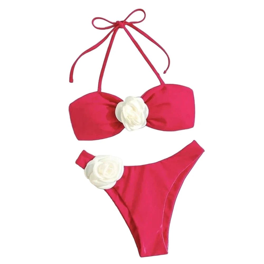Blooming Blossom Lace-Up Bandeau Bikini Red