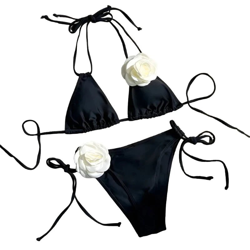 Blooming Blossom Lace-Up Bandeau Bikini Black halter