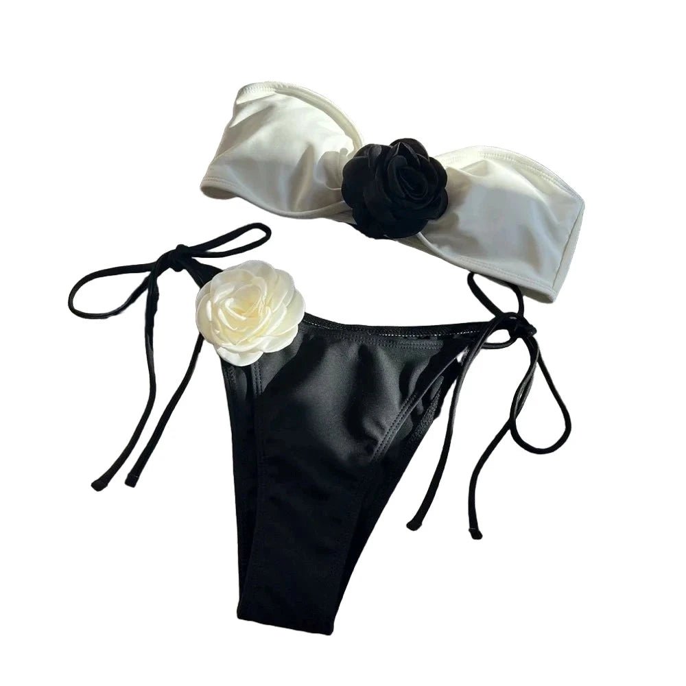 Blooming Blossom Lace-Up Bandeau Bikini Black & White