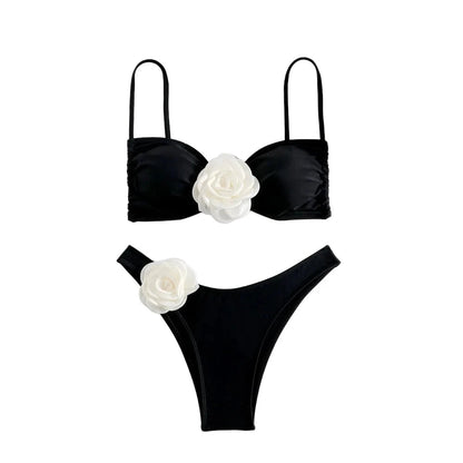 Blooming Blossom Lace-Up Bandeau Bikini Black